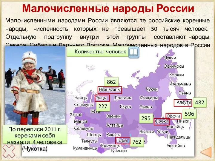 Малочисленными народами России являются те российские коренные народы, численность которых