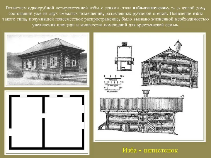 Развитием односрубной четырехстенной избы с сенями стала изба-пятистенок, т. е.