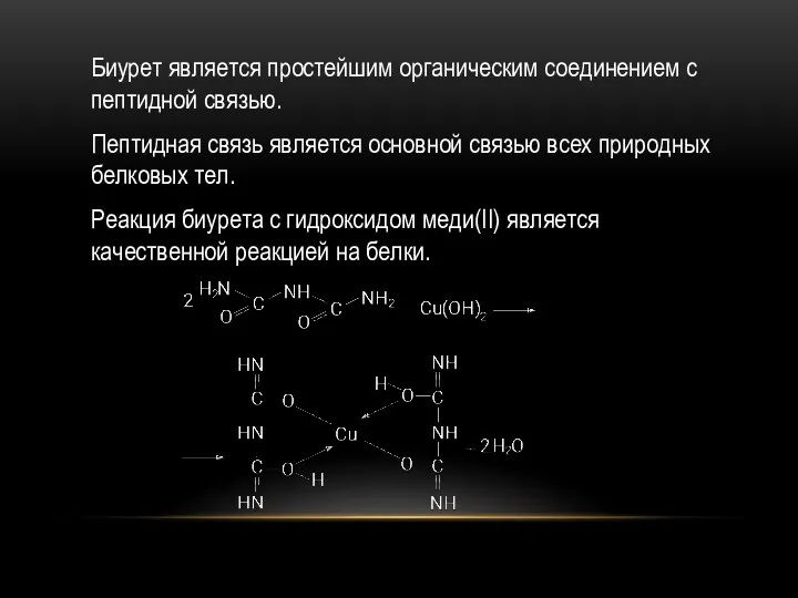 Биурет является простейшим органическим соединением с пептидной связью. Пептидная связь