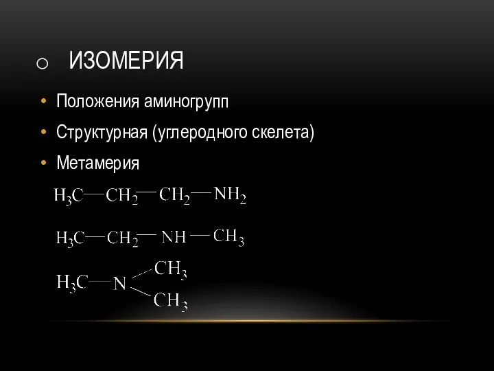 ИЗОМЕРИЯ Положения аминогрупп Структурная (углеродного скелета) Метамерия