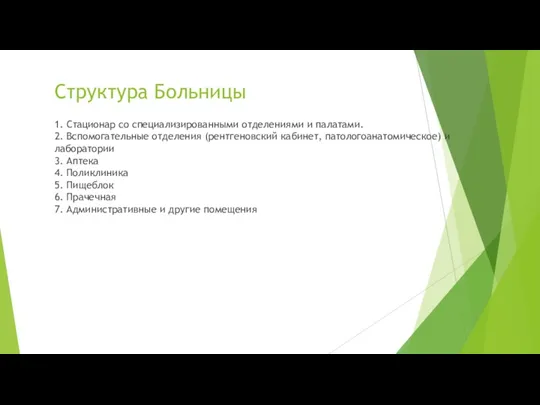 Структура Больницы 1. Стационар со специализированными отделениями и палатами. 2.