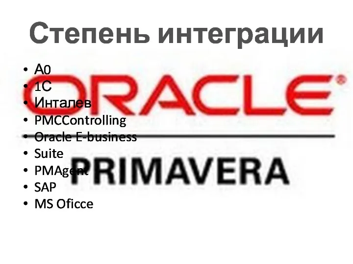 Степень интеграции А0 1С Инталев PMCControlling Oracle E-business Suite PMAgent SAP MS Oficce