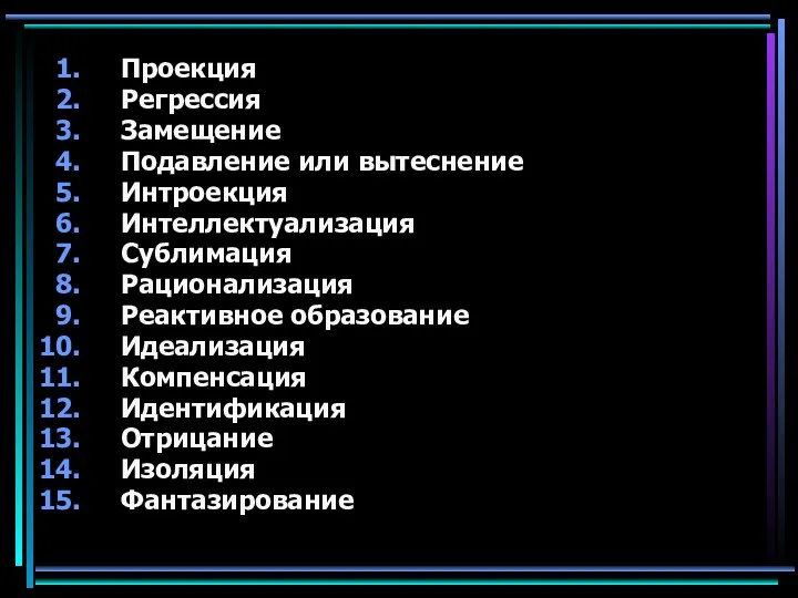 Проекция Регрессия Замещение Подавление или вытеснение Интроекция Интеллектуализация Сублимация Рационализация