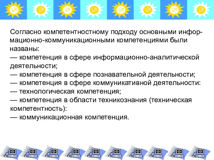 Согласно компетентностному подходу основными инфор-мационно-коммуникационными компетенциями были названы: — компетенция в сфере информационно-аналитической