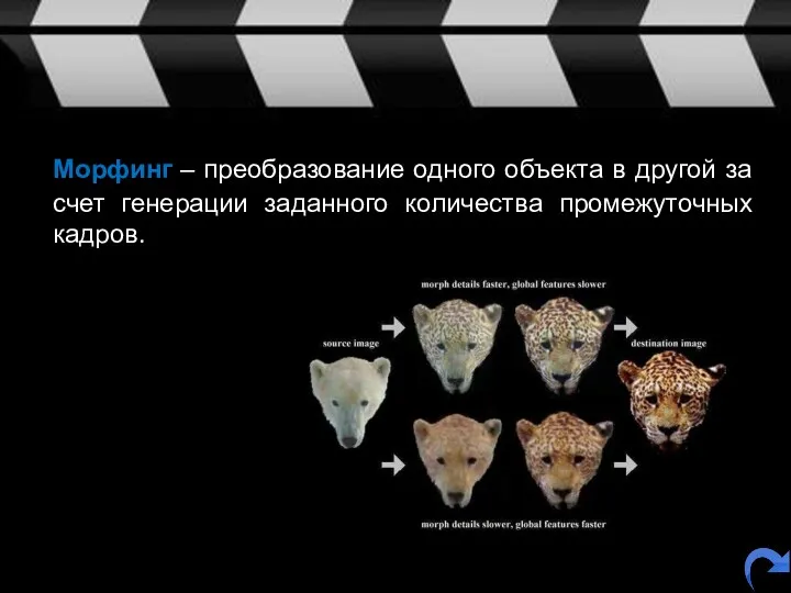 Морфинг – преобразование одного объекта в другой за счет генерации заданного количества промежуточных кадров.