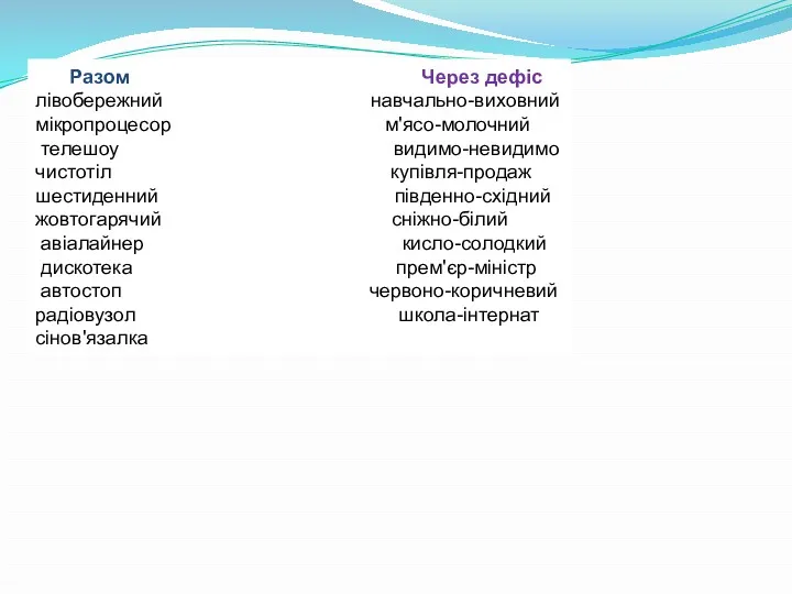 Разом Через дефіс лівобережний навчально-виховний мікропроцесор м'ясо-молочний телешоу видимо-невидимо чистотіл