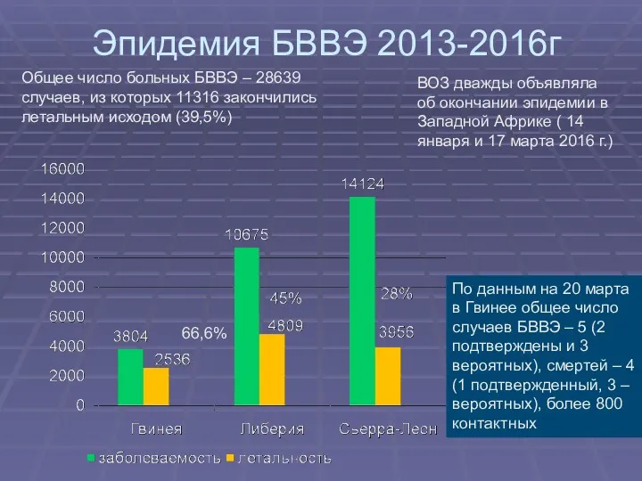 Эпидемия БВВЭ 2013-2016г 66,6% Общее число больных БВВЭ – 28639