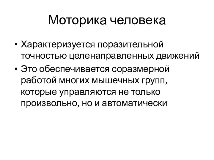 Моторика человека Характеризуется поразительной точностью целенаправленных движений Это обеспечивается соразмерной