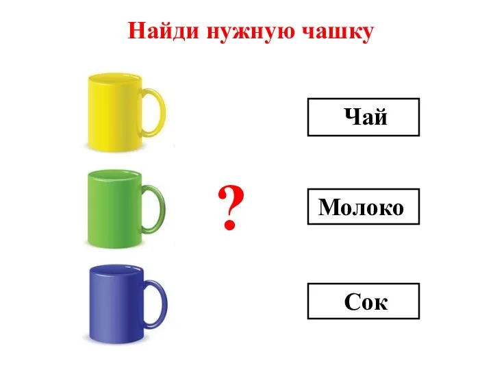 Найди нужную чашку Чай Молоко Сок ?