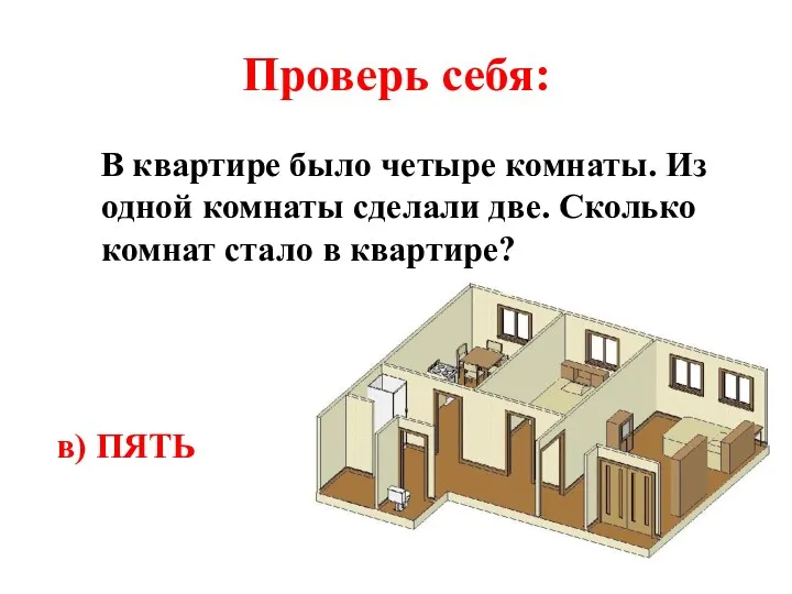 Проверь себя: В квартире было четыре комнаты. Из одной комнаты сделали две. Сколько