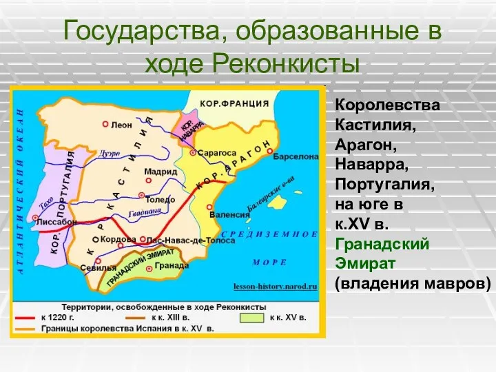 Государства, образованные в ходе Реконкисты Королевства Кастилия, Арагон, Наварра, Португалия,