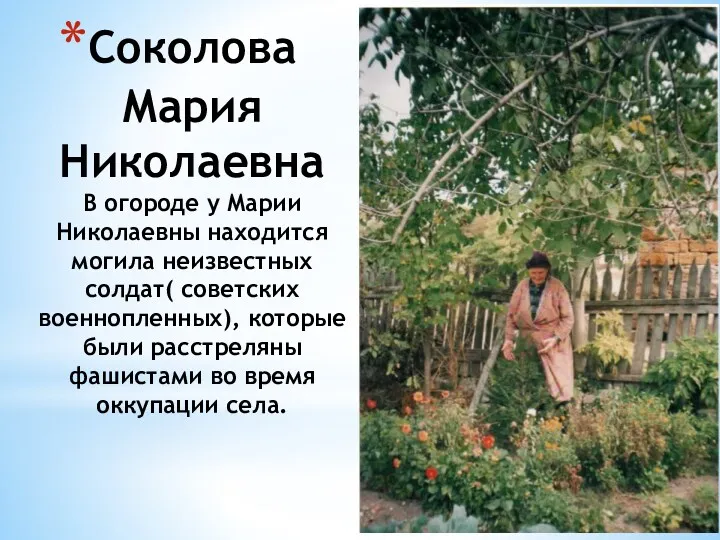 Соколова Мария Николаевна В огороде у Марии Николаевны находится могила
