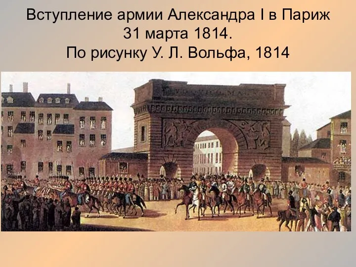 Вступление армии Александра I в Париж 31 марта 1814. По рисунку У. Л. Вольфа, 1814