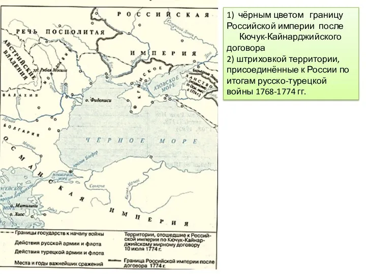 1) чёрным цветом границу Российской империи после Кючук-Кайнарджийского договора 2) штриховкой территории, присоединённые