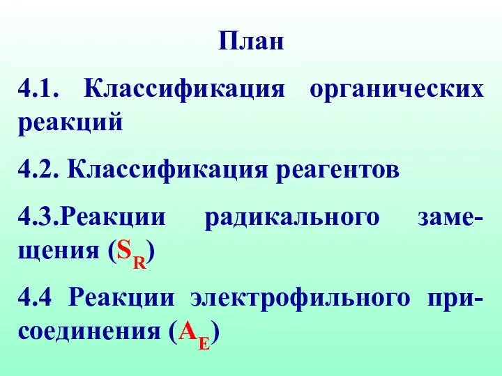 План 4.1. Классификация органических реакций 4.2. Классификация реагентов 4.3.Реакции радикального