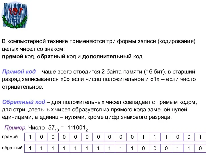 В компьютерной технике применяются три формы записи (кодирования) целых чисел