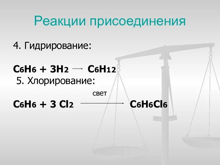 Реакции присоединения 4. Гидрирование: С6Н6 + 3Н2 С6Н12 5. Хлорирование: свет С6Н6 + 3 Cl2 C6H6Cl6