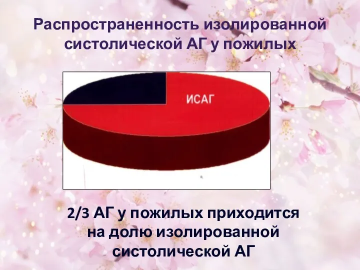 Распространенность изолированной систолической АГ у пожилых 2/3 АГ у пожилых приходится на долю изолированной систолической АГ