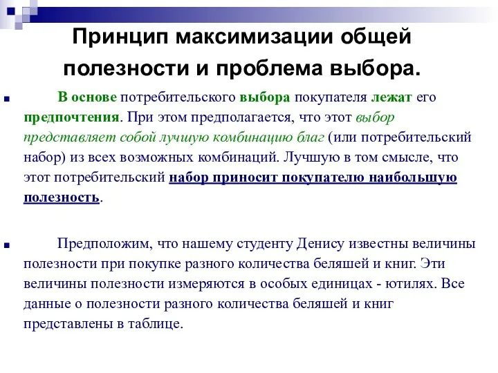 Принцип максимизации общей полезности и проблема выбора. В основе потребительского