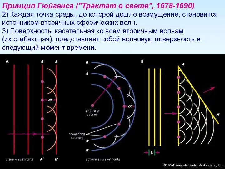 Принцип Гюйгенса ("Трактат о свете", 1678-1690) 2) Каждая точка среды,