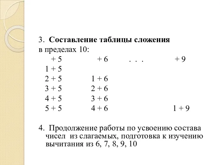 3. Составление таблицы сложения в пределах 10: + 5 +