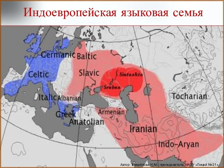 Индоевропейская языковая семья Автор: Михайлова Н.М.- преподаватель МАОУ «Лицей № 21»