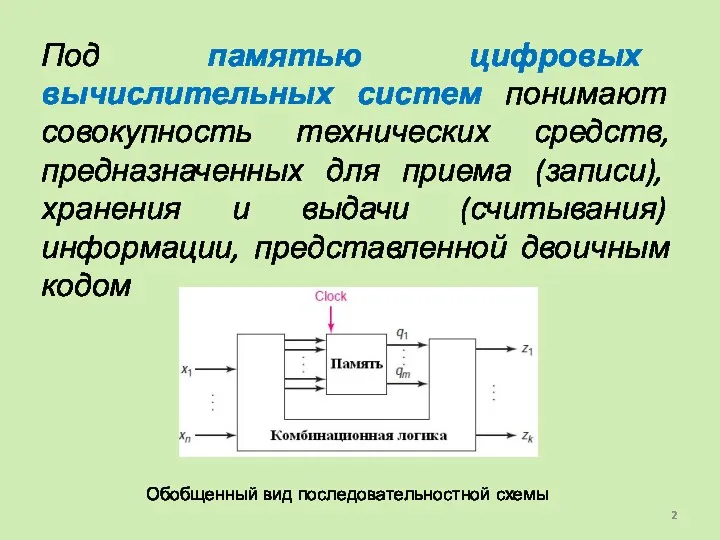 Под памятью цифровых вычислительных систем понимают совокупность технических средств, предназначенных