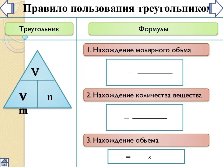 Треугольник Формулы Vm Правило пользования треугольником = 1. Нахождение молярного