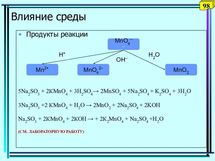 Влияние среды Продукты реакции 5Na2SO3 + 2КMnO4 + 3H2SO4→ 2MnSO4