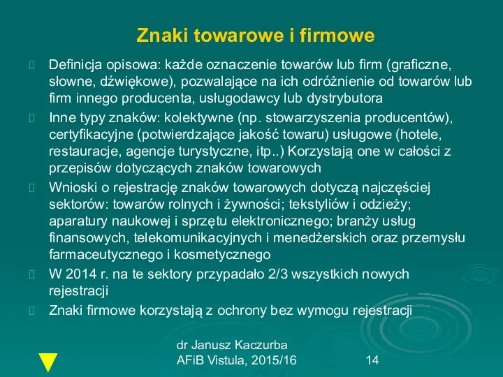 dr Janusz Kaczurba AFiB Vistula, 2015/16 Znaki towarowe i firmowe