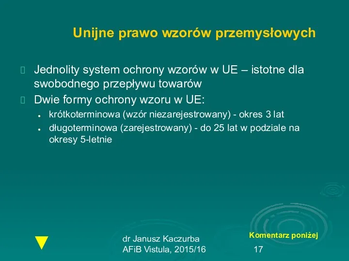dr Janusz Kaczurba AFiB Vistula, 2015/16 Unijne prawo wzorów przemysłowych