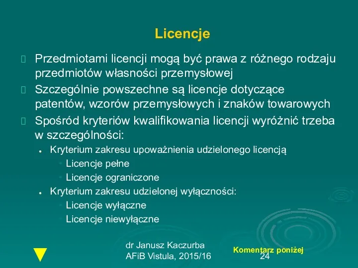 dr Janusz Kaczurba AFiB Vistula, 2015/16 Licencje Przedmiotami licencji mogą