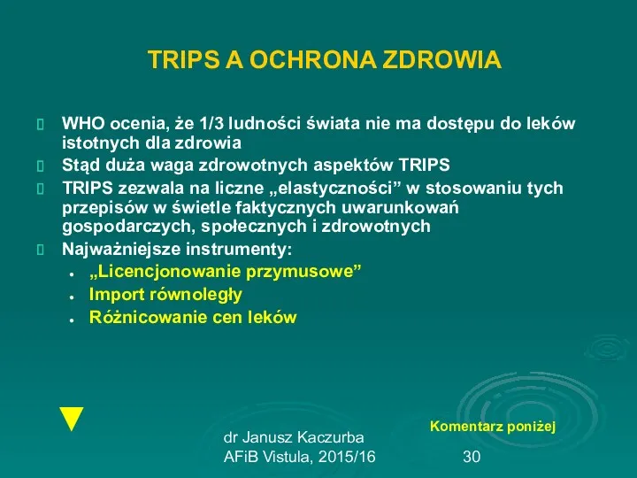 dr Janusz Kaczurba AFiB Vistula, 2015/16 TRIPS A OCHRONA ZDROWIA