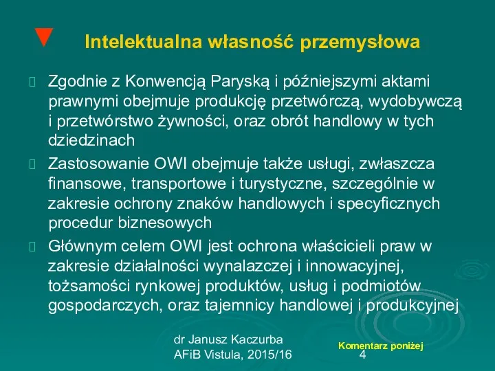 dr Janusz Kaczurba AFiB Vistula, 2015/16 Intelektualna własność przemysłowa Zgodnie