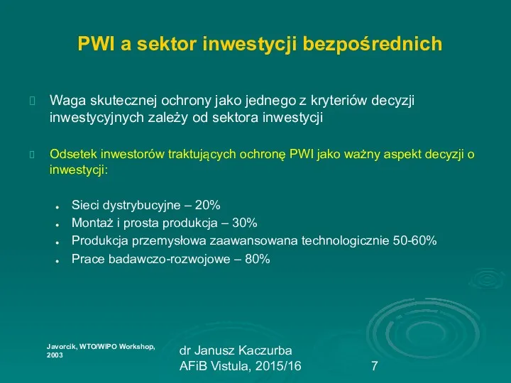 dr Janusz Kaczurba AFiB Vistula, 2015/16 PWI a sektor inwestycji