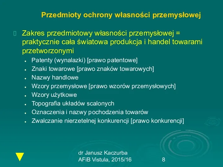 dr Janusz Kaczurba AFiB Vistula, 2015/16 Przedmioty ochrony własności przemysłowej