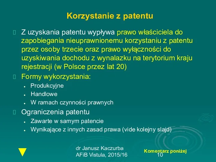 dr Janusz Kaczurba AFiB Vistula, 2015/16 Korzystanie z patentu Z