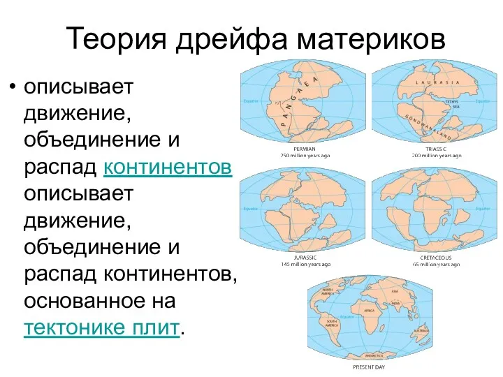 Теория дрейфа материков описывает движение, объединение и распад континентовописывает движение,