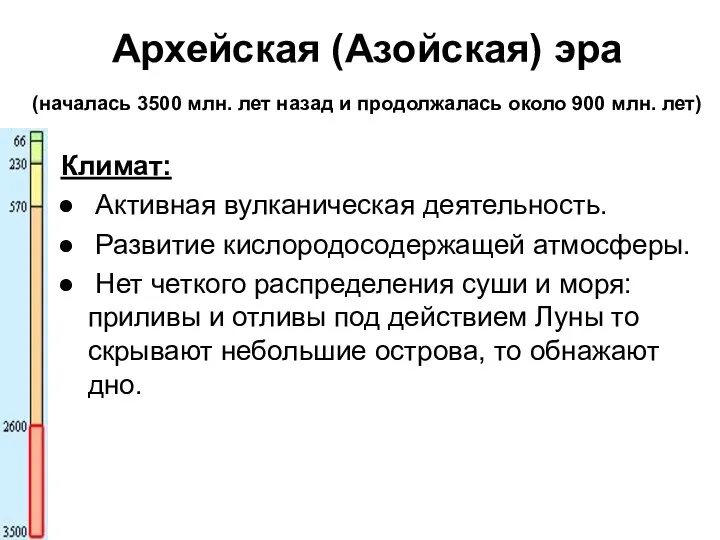 Архейская (Азойская) эра (началась 3500 млн. лет назад и продолжалась