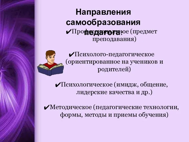 Направления самообразования педагога: Профессиональное (предмет преподавания) Психолого-педагогическое (ориентированное на учеников и родителей) Психологическое