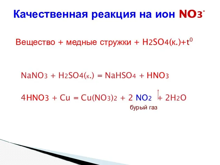 Вещество + медные стружки + H2SO4(к.)+t0 NaNO3 + H2SO4(к.) = NaHSO4 + HNO3