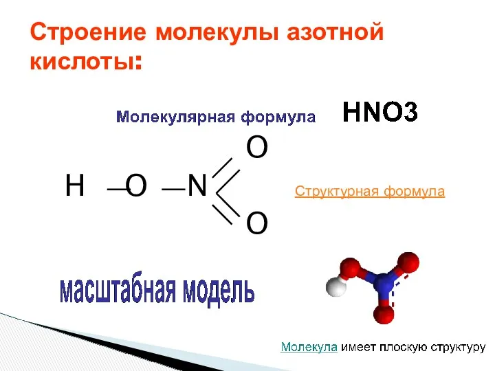 O H O N Структурная формула O Строение молекулы азотной кислоты: