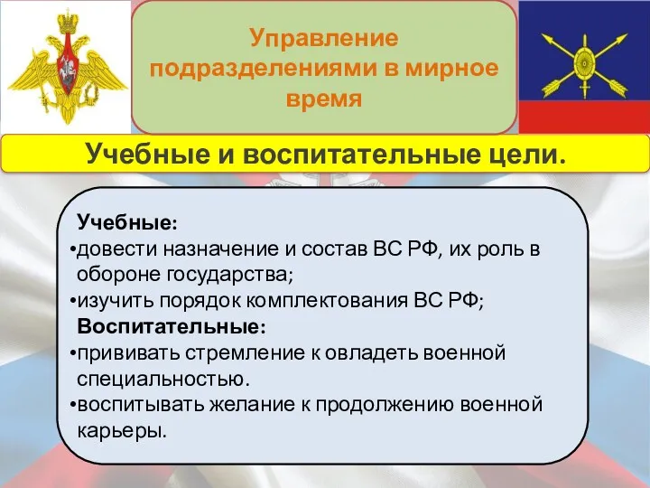 Учебные и воспитательные цели. Управление подразделениями в мирное время Учебные: