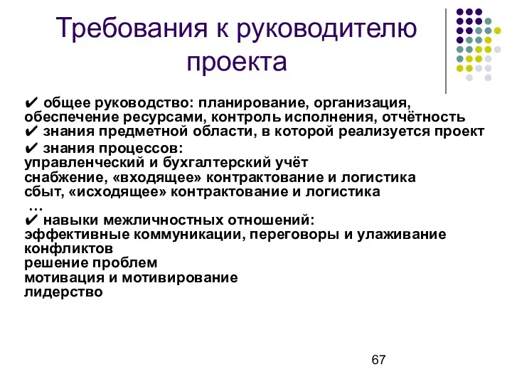 Требования к руководителю проекта ✔ общее руководство: планирование, организация, обеспечение