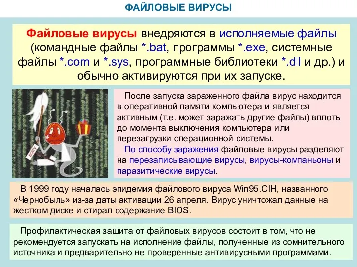 ФАЙЛОВЫЕ ВИРУСЫ Файловые вирусы внедряются в исполняемые файлы (командные файлы