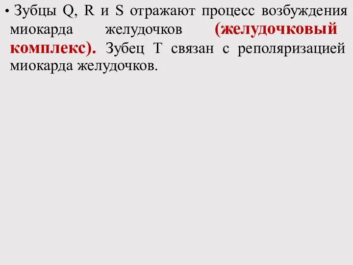 Зубцы Q, R и S отражают процесс возбуждения миокарда желудочков