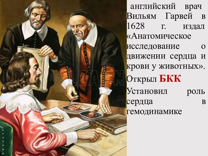 английский врач Вильям Гарвей в 1628 г. издал «Анатомическое исследование