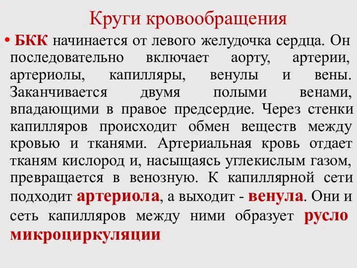 Круги кровообращения БКК начинается от левого желудочка сердца. Он последовательно