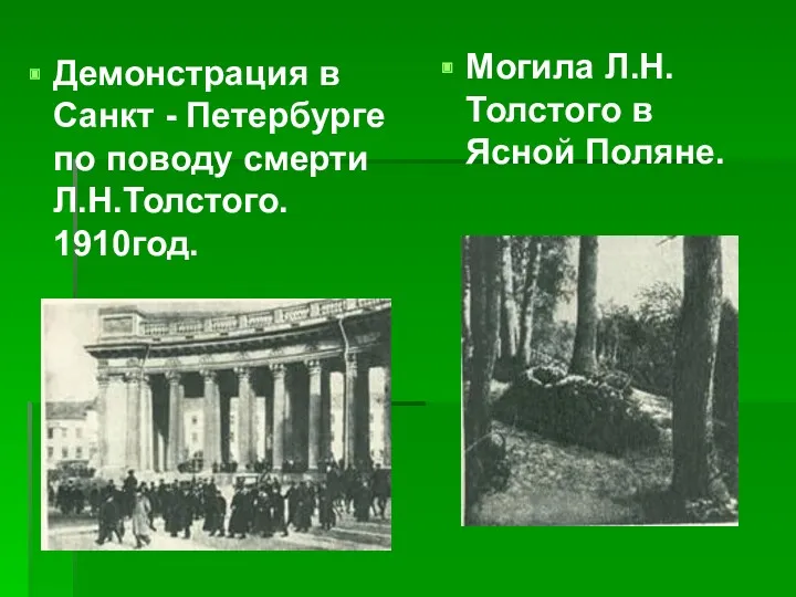 Демонстрация в Санкт - Петербурге по поводу смерти Л.Н.Толстого. 1910год. Могила Л.Н.Толстого в Ясной Поляне.