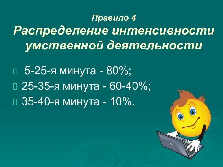 Правило 4 Распределение интенсивности умственной деятельности 5-25-я минута - 80%;